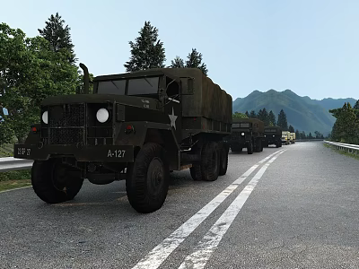 Military Trucks In A Convoy Driving On The Highway With Mountains And Trees 3d model