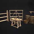 Rustic Wooden Furniture Set With Shelves Table And Barrels For Home Decor
