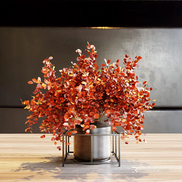 Red Leafy Flowers Arrangement in Metallic Vase on Wooden Table Against Dark Wall Background 3d model 
