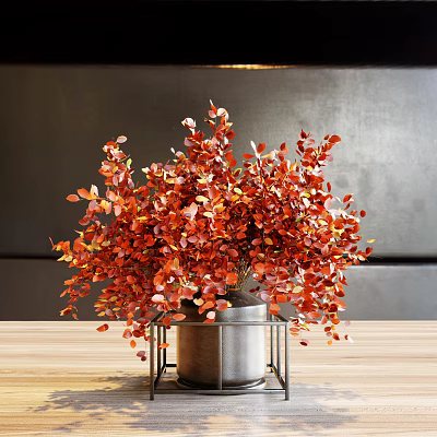 Red Leafy Flowers Arrangement in Metallic Vase on Wooden Table Against Dark Wall Background 3d model