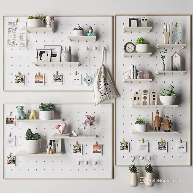 Stylish Wall Decor With Wooden Shelves Small Plants Photos And Hooks 3d model 