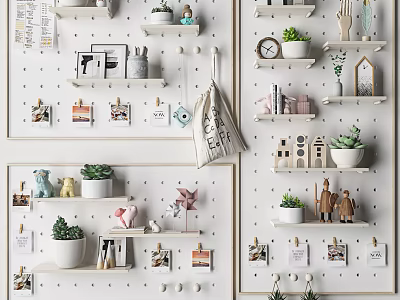 Stylish Wall Decor With Wooden Shelves Small Plants Photos And Hooks 3d model
