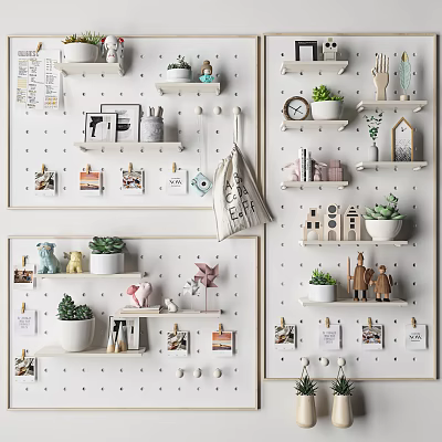 Stylish Wall Decor With Wooden Shelves Small Plants Photos And Hooks 3d model