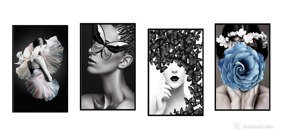 Four Creative Female Portrait Artworks With Black And White Butterflies And Flower Elements 3d model 