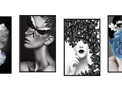 Four Creative Female Portrait Artworks With Black And White Butterflies And Flower Elements 3d model