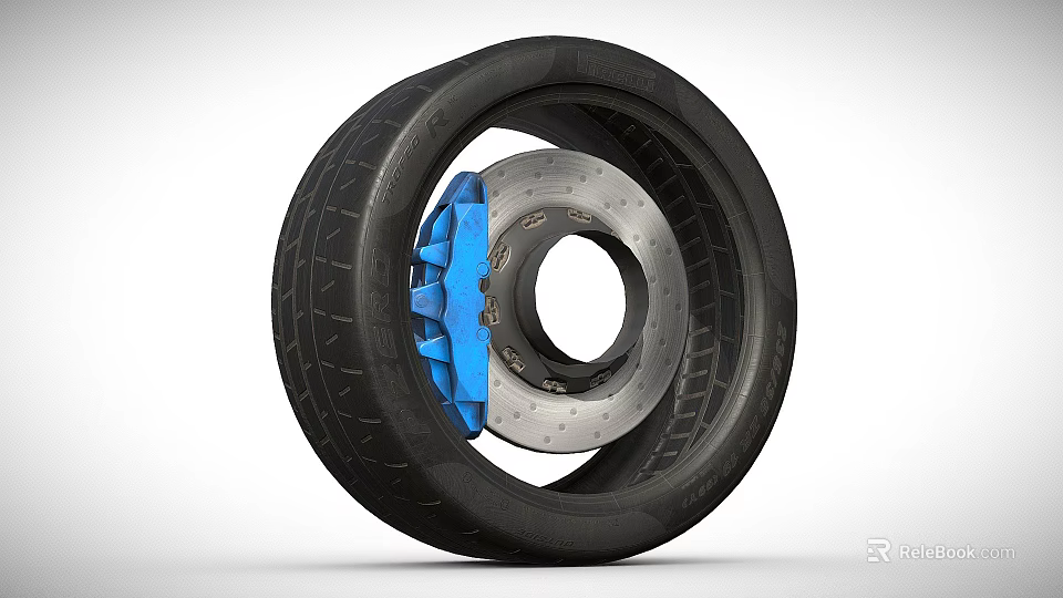 Detailed Car Tire With Blue Caliper Silver Brake Disc And Tread Design 3d model 