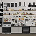 Modern Kitchen Interior With Various Appliances Shelves Bottles Utensils And Cabinets