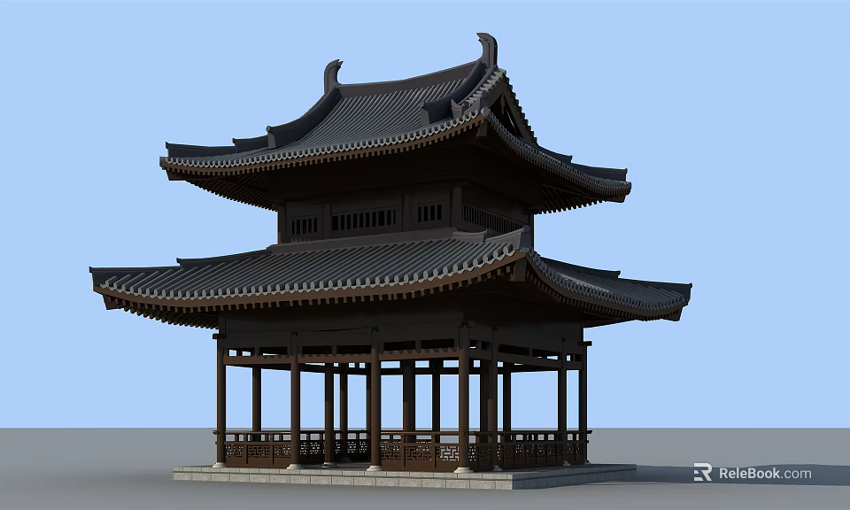 Traditional Chinese Double Layer Pavilion Architectural Design With Curved Eaves And Wooden Columns 3d model 