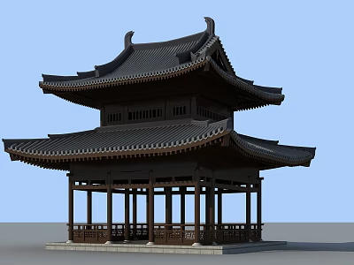 Traditional Chinese Double Layer Pavilion Architectural Design With Curved Eaves And Wooden Columns 3d model