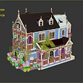 Colorful Decorated Building With Blue Pink Walls Vines Flowers Balcony And Pointed Roof