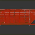 Red Metal Dumpster With Rusty Green Spots And Wheels On Reflective Surface