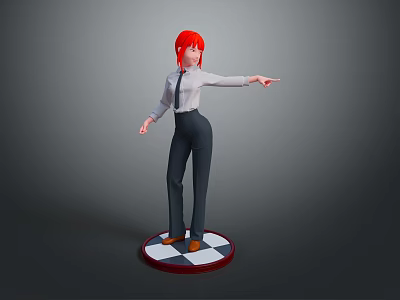 3D Character Model with Red Hair White Shirt Dark Pants Checkerboard Base Red Edge 3d model