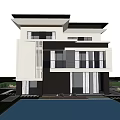 Modern Two Story Detached Villa Exterior With Swimming Pool And Lush Greenery