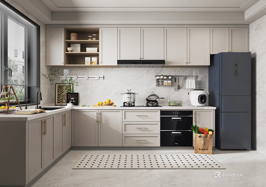 Modern Kitchen Interior Design With Light Cabinets Counter Refrigerator Appliances And Fresh Fruits 3d model 