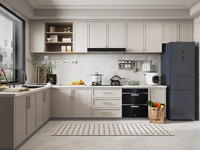 Modern Kitchen Interior Design With Light Cabinets Counter Refrigerator Appliances And Fresh Fruits 3d model