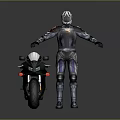 Armored Character In Silver Helmet And Blue Black Armor By Black Motorcycle