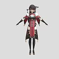 Eastern Themed Female Character In Red Black Outfit With White Fur Trim And Small Creature