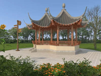 Traditional Chinese Pavilion In Garden With Green Plants Sunflowers And Signpost 3d model