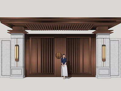 Chinese Style Wooden Entrance Gate With Lanterns And Pillars Person Standing In Front 3d model