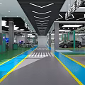 Modern Auto Showroom Interior With Green And Blue Floor Lines And Display Cars