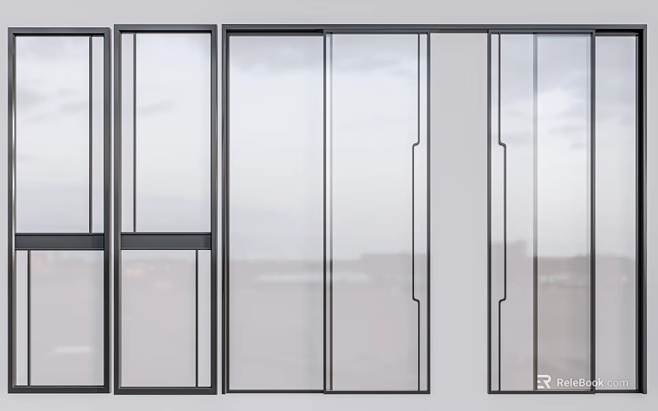 Modern Glass Sliding Doors With Black Frames For Bright Interior Spaces 3d model