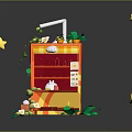 Colorful Small Kiosk With Yellow Red Awning ZACHI Sign White Rabbit Green Plants Yellow Stars