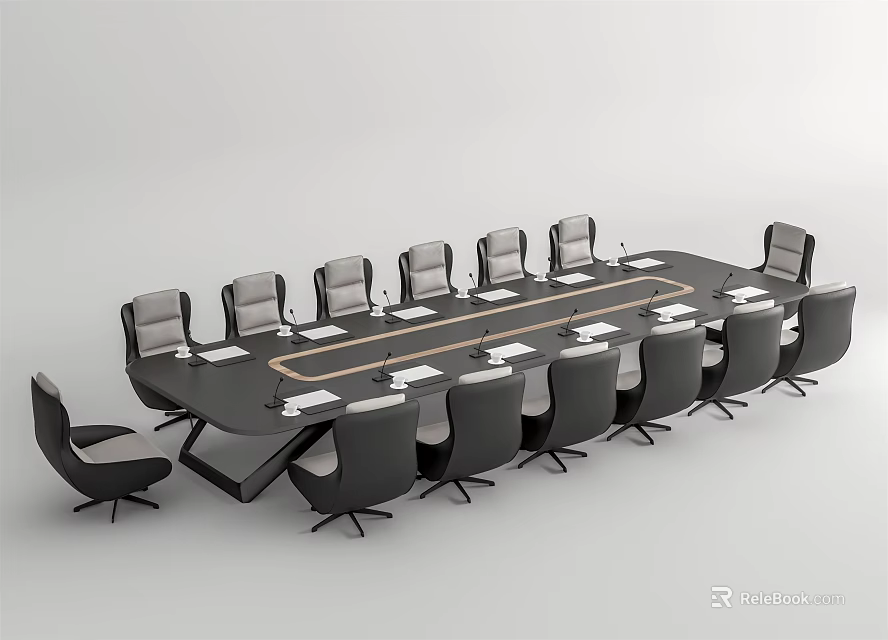 Modern Conference Table With Multiple Ergonomic Chairs And Notebooks On Surface 3d model 