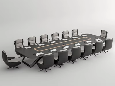 Modern Conference Table With Multiple Ergonomic Chairs And Notebooks On Surface 3d model