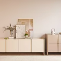 Light Beige Modern Sideboard With Decorative Vase Artwork Small Plants And Cabinet