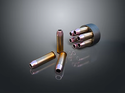 Weapon Ammunition Including Gold And Copper Bullets With Magazine On Dark Reflective Background 3d model