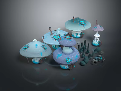 Cartoon Mushroom Scene With Blue Purple Houses Glowing Details And Small Trees 3d model