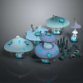 Cartoon Mushroom Scene With Blue Purple Houses Glowing Details And Small Trees