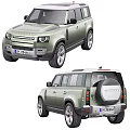Green Land Rover SUV With Rear Spare Tire And Front Rear Exterior Views