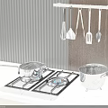 Modern Kitchen Gas Stove With Blue Flames Pot Colander And Hanging Utensils On Marble Countertop