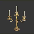 Three Arm Gold Copper Candelabra With White Candles And Ornate Base