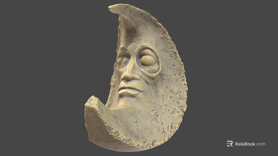 Moon Shaped Stone Sculpture with Carved Face and Textured Surface Design 3d model