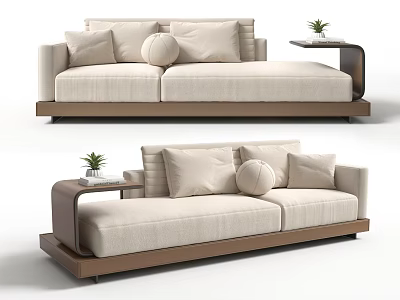 Modern Minimalist Two Seater Sofa In Beige Fabric With Decorative Pillows And Side Table Small Plant 3d model