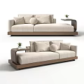 Modern Minimalist Two Seater Sofa In Beige Fabric With Decorative Pillows And Side Table Small Plant