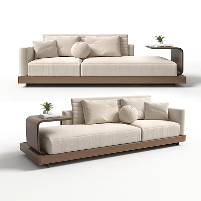 Modern Minimalist Two Seater Sofa In Beige Fabric With Decorative Pillows And Side Table Small Plant 3d model
