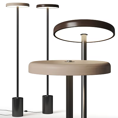 Modern Floor Lamp Design With Round Shade Wooden Base And Metal Stand Structure 3d model