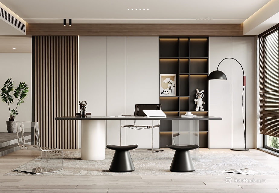 Modern Study Room Interior Design With Wooden Desk Shelves Black Floor Lamp Plant And Stools 3d model 