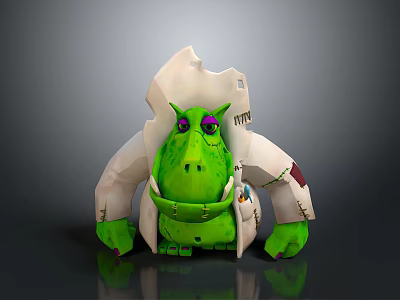 Stylized Green Creature Character 3D Model in Tattered White Coat with Purple Eyes 3d model