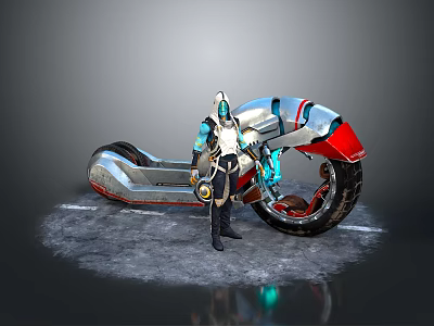 Astronaut In Space Suit Standing By Futuristic Silver Red Motorcycle On Icy Reflective Ground 3d model