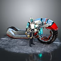Astronaut In Space Suit Standing By Futuristic Silver Red Motorcycle On Icy Reflective Ground