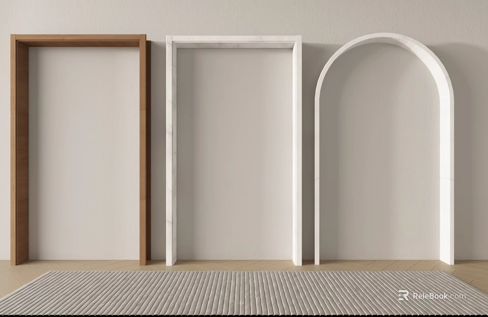Arched Doorway With Wooden And White Frames In Interior White Wall Carpeted Floor 3d model 