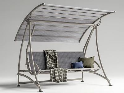 Outdoor Swing Chair With Canopy Gray Frame Plaid Blanket And Soft Pillows 3d model