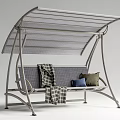 Outdoor Swing Chair With Canopy Gray Frame Plaid Blanket And Soft Pillows