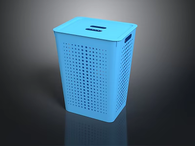 Blue Plastic Laundry Basket With Perforated Design Lid And Side Handle 3d model