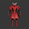 Red Samurai Warrior In Armor With White Horns And Black Details Standing