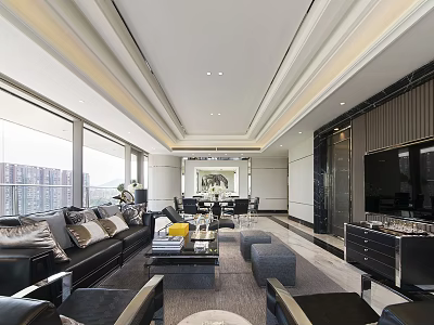 Modern Living Dining Room Interior With Open Concept Leather Sofa And Floor To Ceiling Windows 3d model